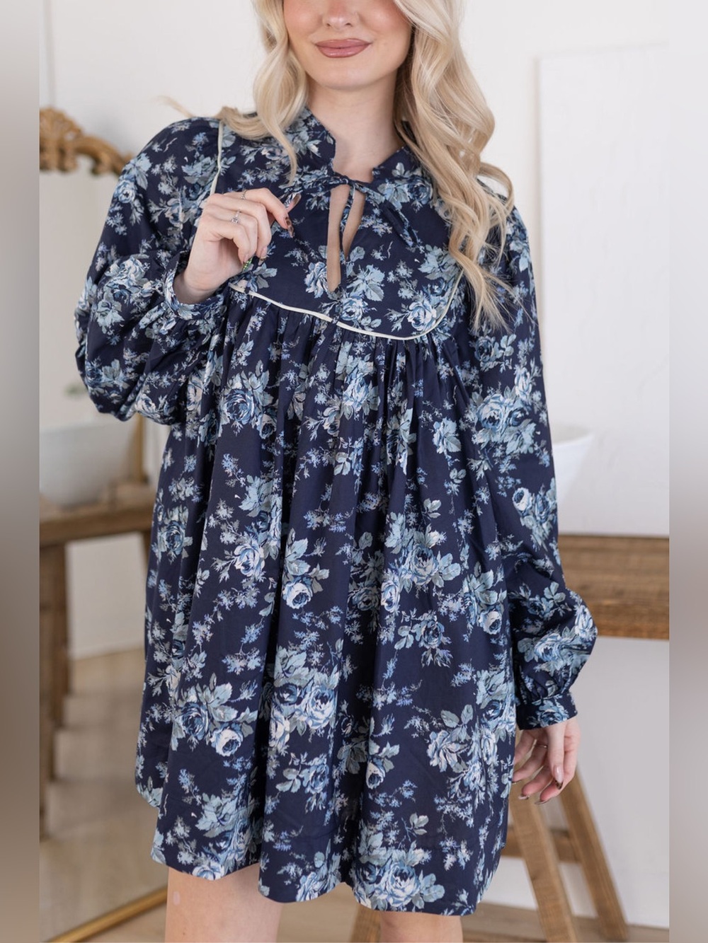 Mable Teagan Floral Mini Dress NWT Size Medium Navy Blue Long Sleeve Cottagecore